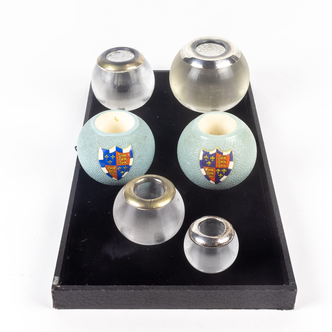 A lot of four English sterling mounted glass match safes in graduated sizes and two Carleton match (1 of 2)