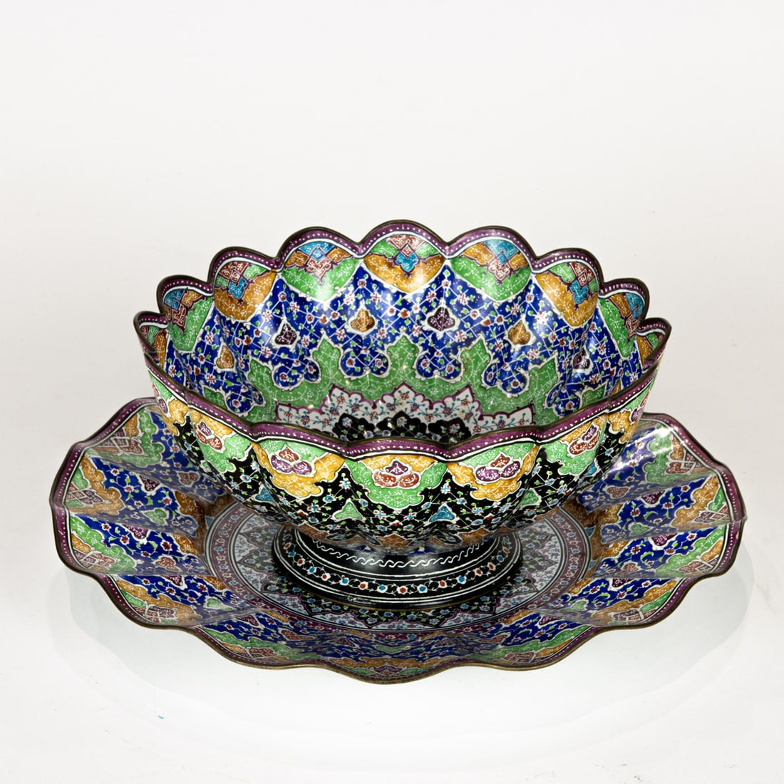 A Persian enamel painted bowl and dish: A Persian enamel painted bowl and dish, greatest 9.25"dia
