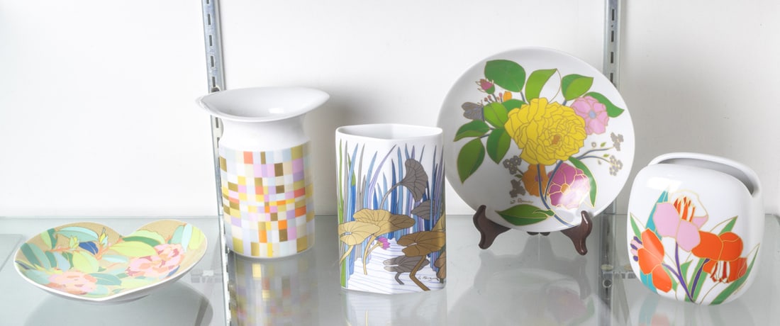 A collection of Rosenthal Studio Line ceramics: A collection of Rosenthal Studio Line ceramics, comprising Alain le Foll 'Water Lilies' vase; James Kirkwood vase with mosaic design; Wolf Bauer plate and vase and a J.V.D. Vaart lobed dish, greatest