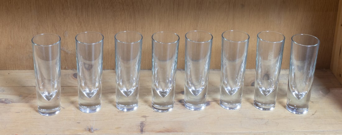 A set of eight Mid-Century Carlo Moretti for Gumps 'Bullet' highball glasses with raised 'Italy': A set of eight Mid-Century Carlo Moretti for Gumps 'Bullet' highball glasses with raised 'Italy' marks at base, 7"h