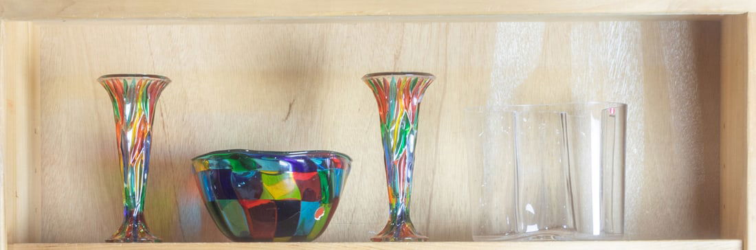 A group of Italian and Iitalia glass: A group of Italian and Iitalia glass, comprising Angelo Ballarin Murano patchwork bowl, engraved signature, 4"h x 7.75"dia; Iittala 160mm 'Majakko' designed by Avlar Alto, acid etched factory mark, 6.