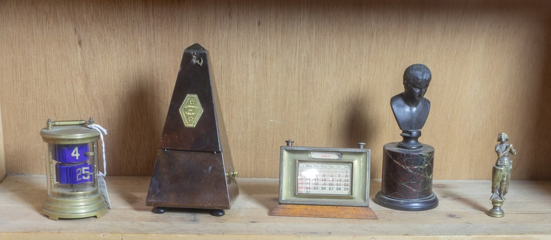 A group of mainly desk accessories: A group of mainly desk accessories, 19th/20th century, comprising brass 'Plato' clock; Grand Tour patinated bronze pust of a Roman emperor on marble plinth, 8"h; desk calendar; bronze figural seal of
