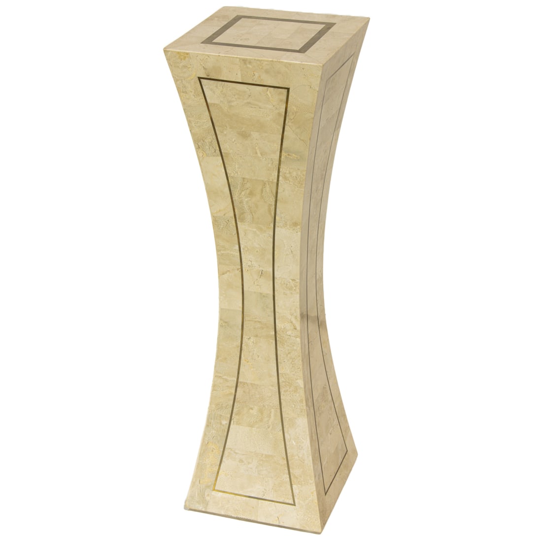 A Mission Furniture Los Angeles brass inlaid stone veneered pedestal or plant stand: A Mission Furniture Los Angeles brass inlaid stone veneered pedestal or plant stand, 1989, 30.5"h x 9"w x 9"d