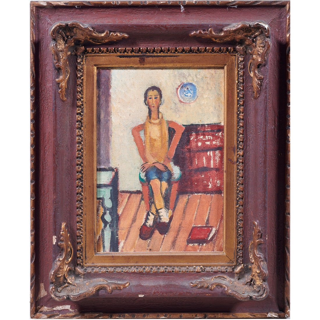 Painting, Manner of Amedeo Modigliani: Manner of Amedeo Modigliani (Italian, 1884-1920), Seated Woman, oil on canvas, unsigned, overall (with frame): 14.75"h x 12"w