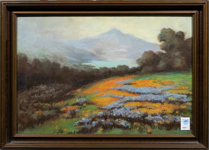 Work on paper, Manner of Percy Gray: Manner of Percy Gray (American, 1869-1952), California Poppies in Marin, pastel on paper, unsigned, overall (with frame): 20.5"h x 28.5"w