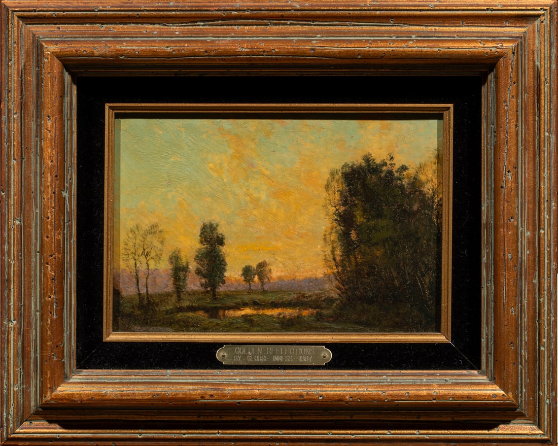 Painting, After George Inness: After George Inness (American, 1825-1894), Golden Reflection, oil on board, unsigned, overall (with frame): 12"h x 14.5"w
