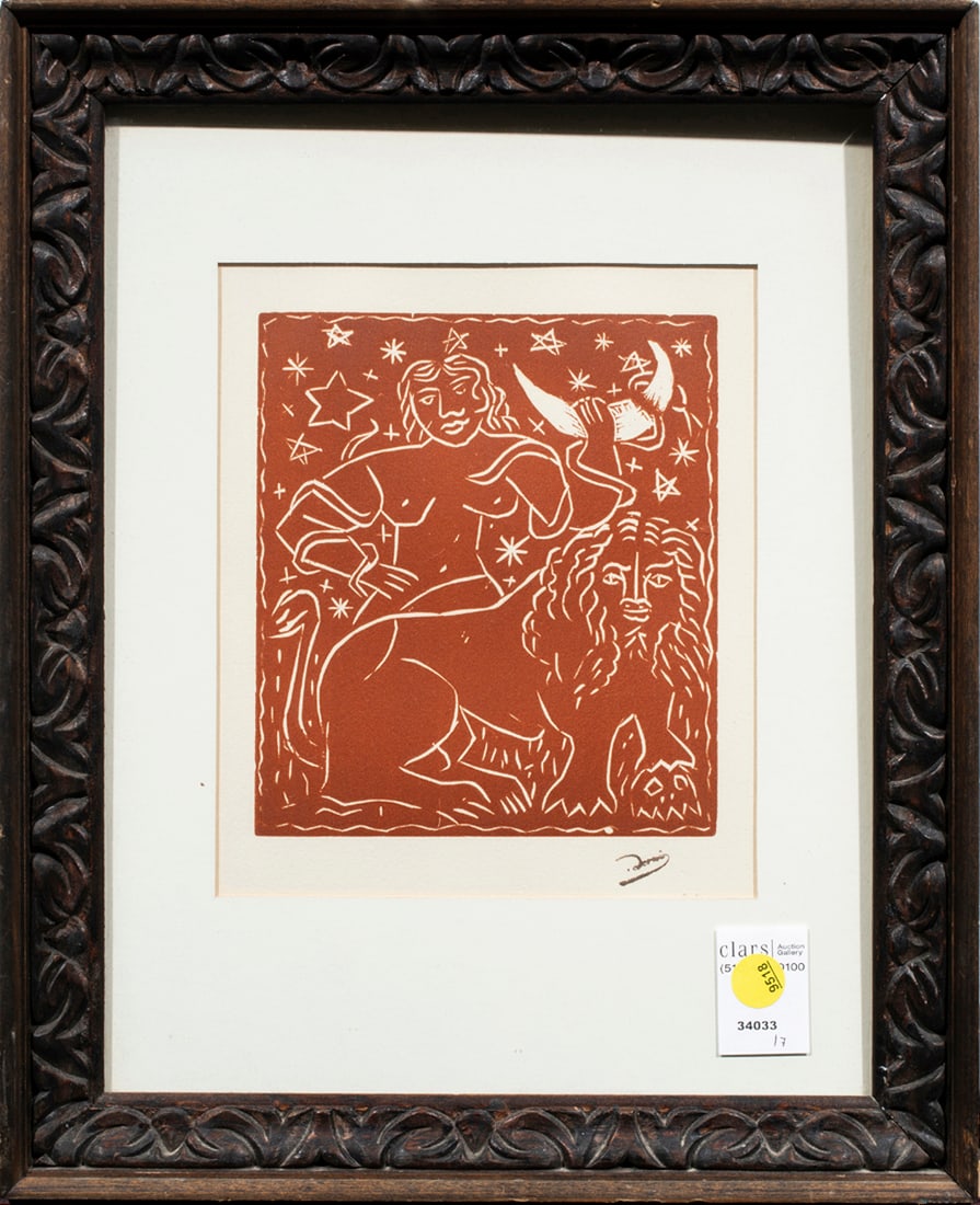Print, Andre Derain: Andre Derain (French, 1880-1954), "Zodiac," linocut on Arches with stamped signature lower right, authentication label (The Collector's Guild LTd., New York, NY) affixed verso, overall (with frame): 1