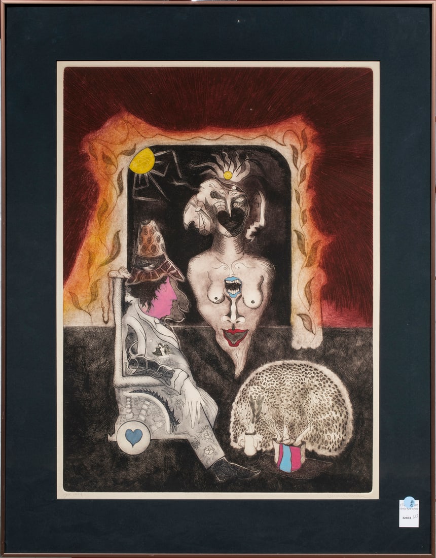 Print, Michael Bauer: Michael Bauer (American, b. 1951), Surrealist Scene, 1974, etching with aquatint, pencil signed lower right, edition AP, overall (with frame): 36.25"h x 28.25"w. Provenance: Private collection of the