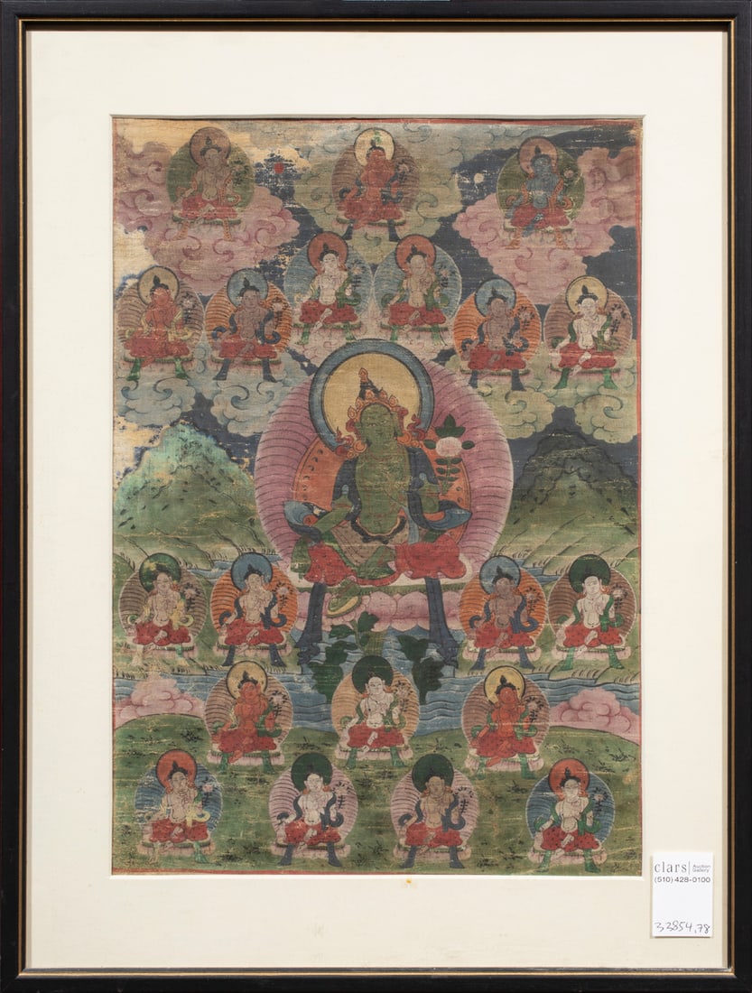 Tibetan thangka representing Green Tara: Tibetan thangka representing Green Tara. Distemper on cloth, framed and glazed, 15.75"h x 11"w.