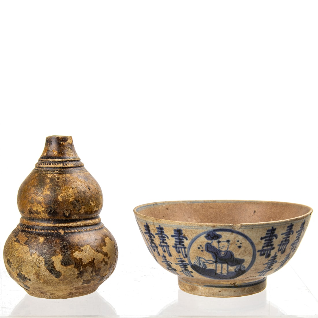 (lot of 2) Chinese Ming dynasty ceramic objects bowl and gourd (1 of 1)