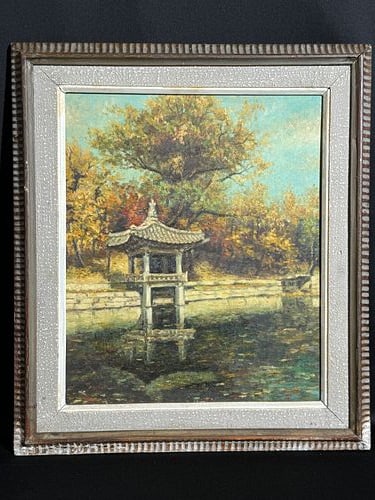Korean Oil Painting of Pagoga Scene, 20th century: Korean 20th century oil painting of Pagoga scene. Image: 14"h x 17"w (35.56 x 43.18 cm); with frame: 20"h x 23"w (50.8 x 58.42 cm) NOTE: THIS ITEM IS IN OUR NEW YORK WAREHOUSE WHERE WE OFFER IN-HOUSE 