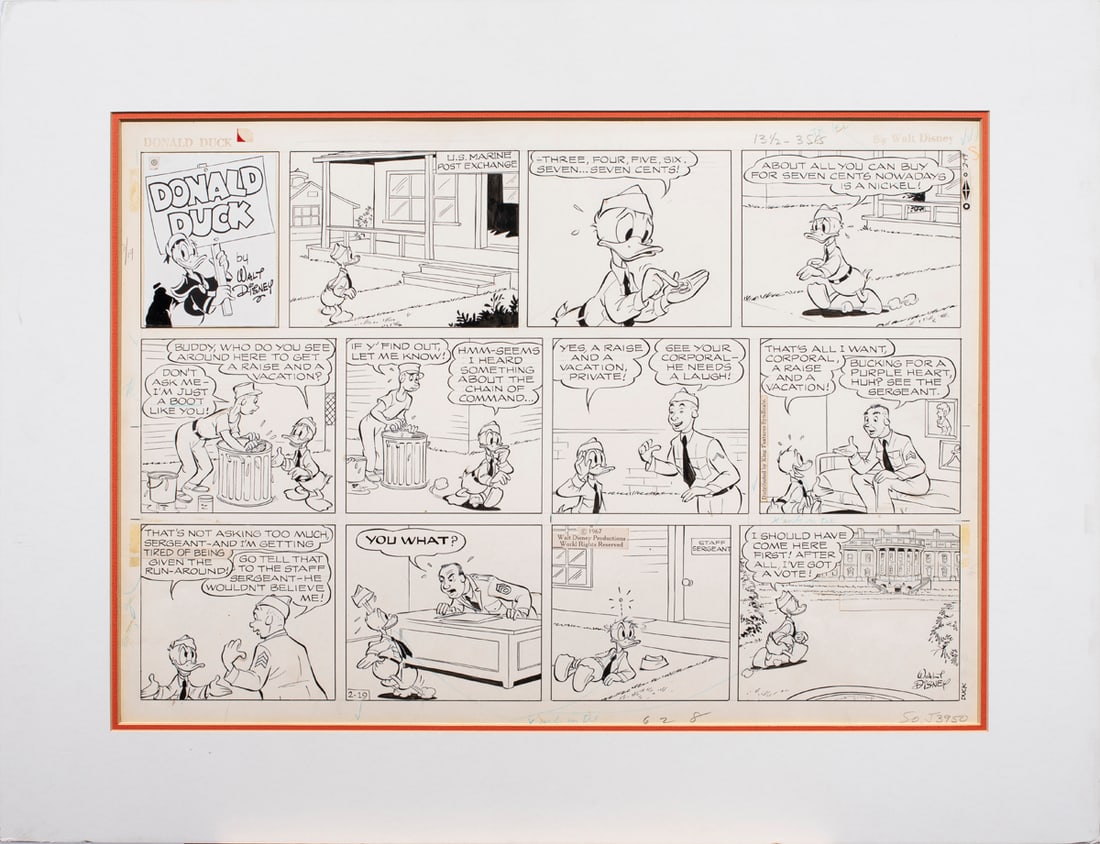 Original drawing, Walt Disney: Walt Disney (American, 1901-1966), "Donald Duck, After All, I Got A Vote!)," 1967, original 12 panel ink drawing, signed in ink lower right panel, with "Copyright 1967 Walt Disney Productions World Ri