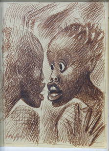 Work on Paper, Miguel Covarrubias: Miguel Covarrubias (Mexican, 1904-1957), "Two Tahitian Woman's Faces," sepia ink drawing on paper, signed lower left, image: 7.75"h x 5.5"w, overall (with frame): 15"h x 12.5"w. Provenance: Purchased