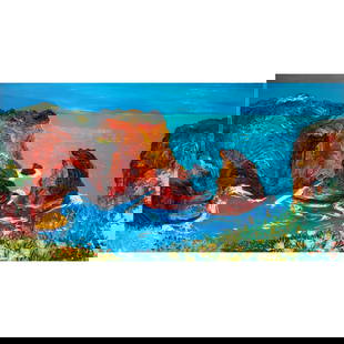 Painting, Peter Dean: Peter Dean (American, b. 1934), "California Coast II," oil on canvas with glitter, signed and titled verso, canvas (unframed): 53"h x 103"w