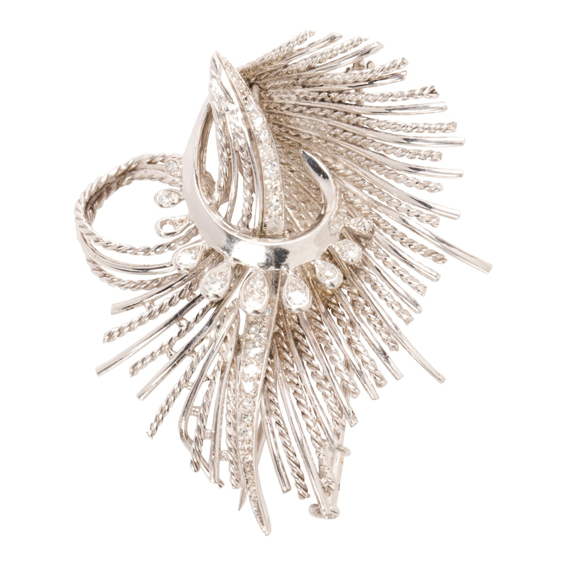 A diamond and platinum clip-brooch, French: A diamond and platinum clip-brooch, French of spray design, accented with numerous single-cut diamonds; with French assay marks and partial maker's mark;17.94 grams; length: 1 7/8 in (void one diamond