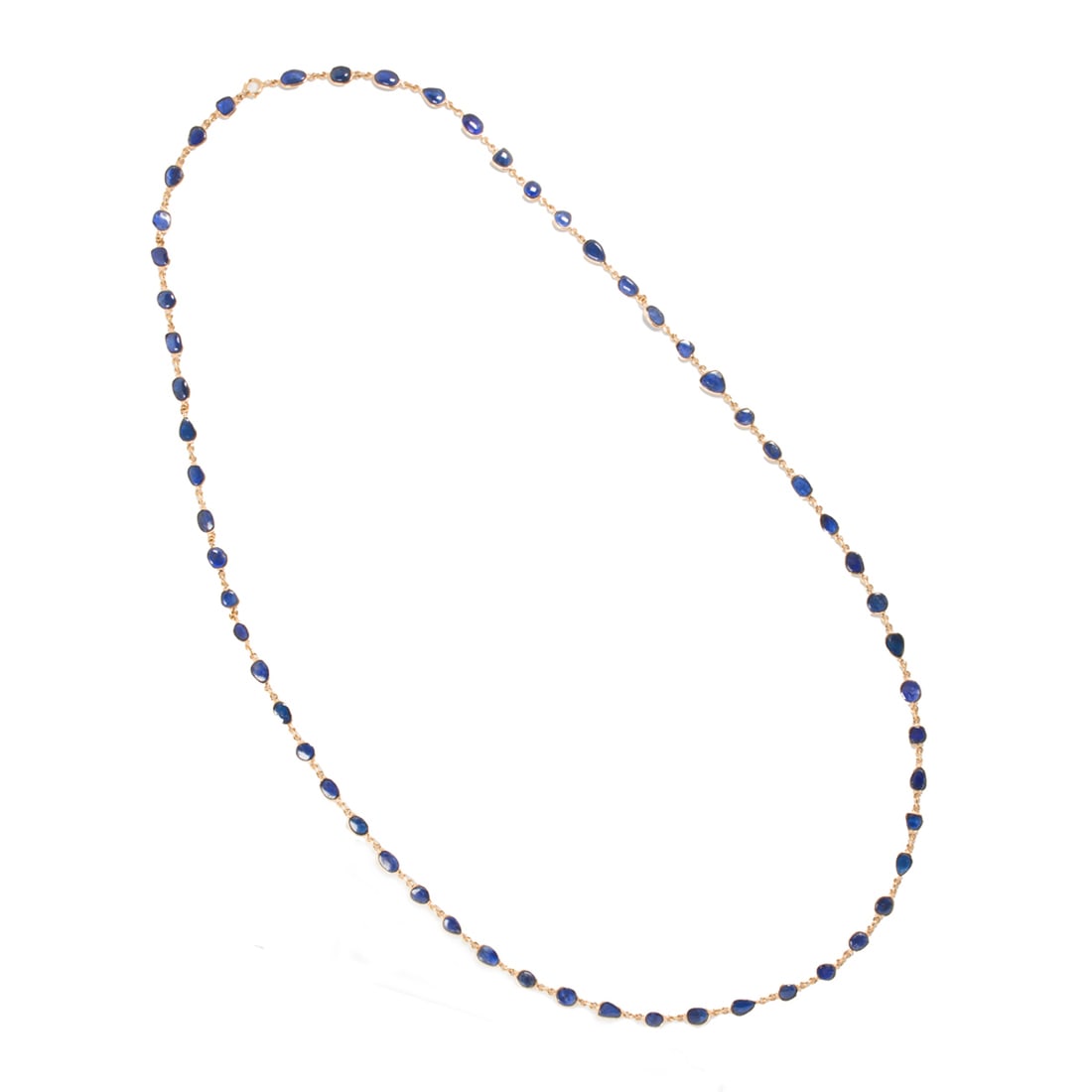 A sapphire and 18k gold necklace: A sapphire and 18k gold necklace designed as a line of spectacle-set sapphire cabochons, of varied shape and size; estimated total sapphire weight: 20.00 carats; 12.65 grams; length: 24 in