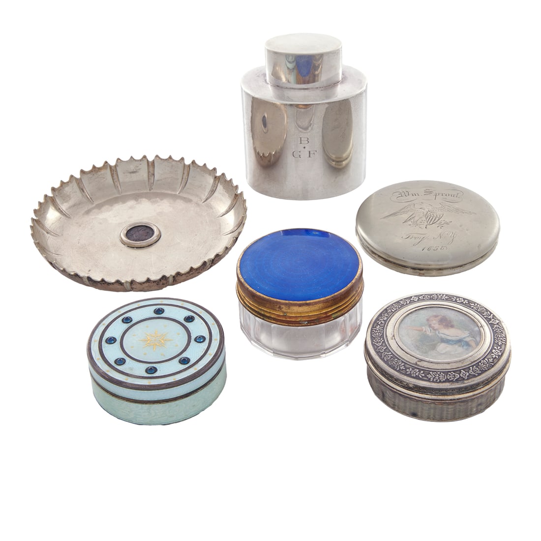 A collection of European silver table articles, including an English tea caddy; an enameled circular (1 of 2)
