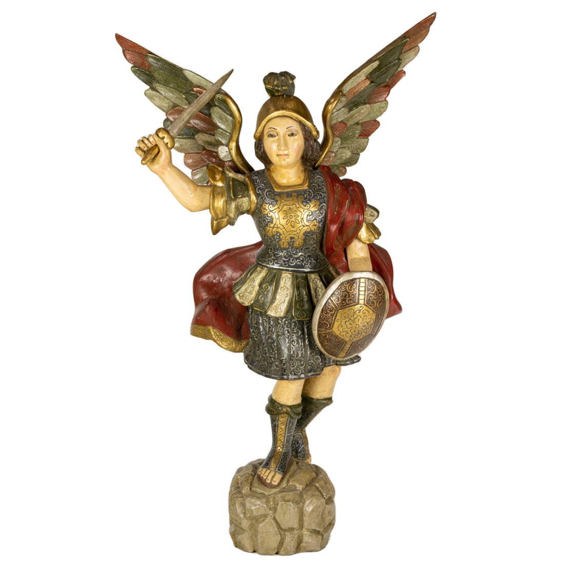 A Spanish Colonial style polychrome and parcel gilt santos figure of Saint Michael (1 of 6)