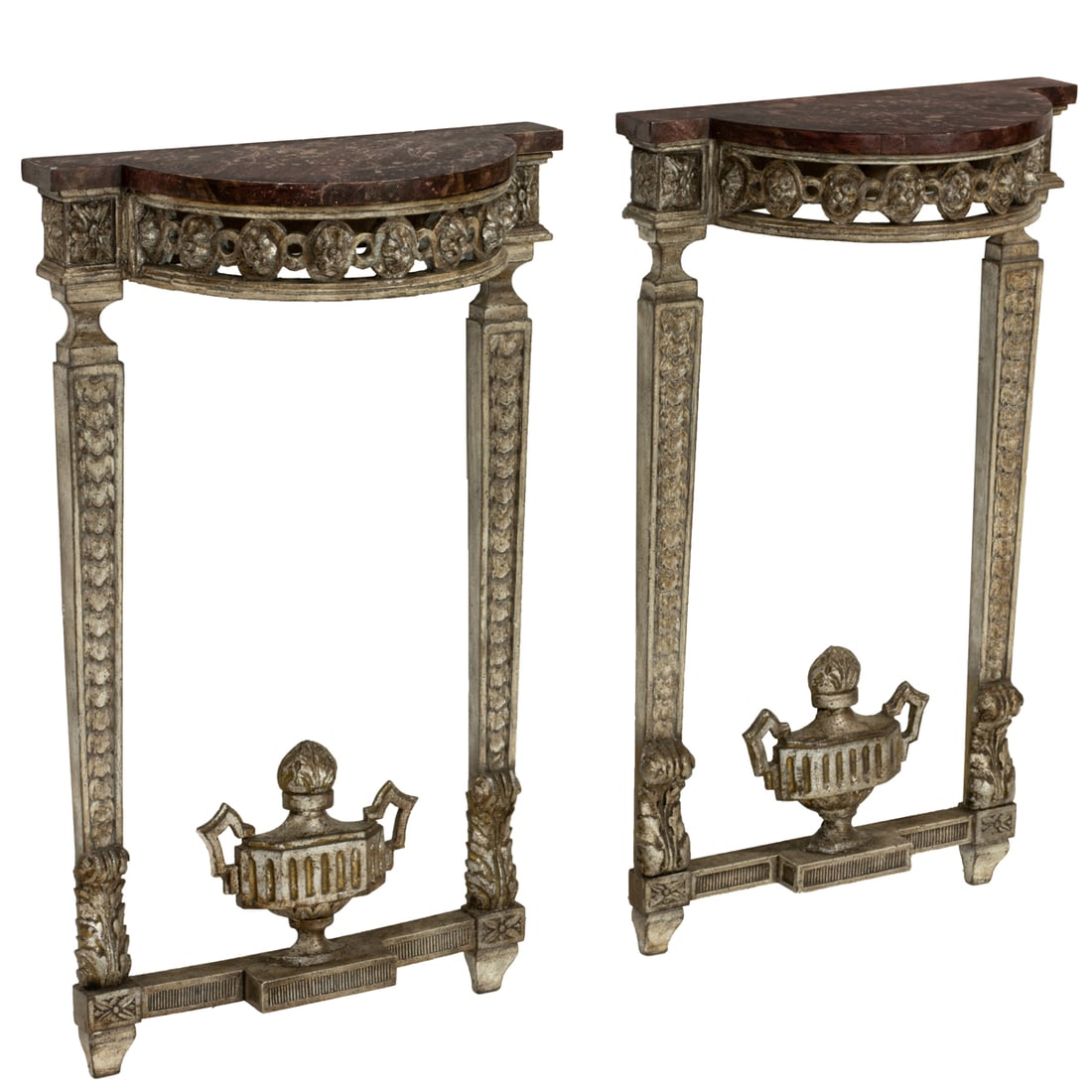 A pair of French Neoclassical style faux marble and silvered wood console tables (1 of 5)