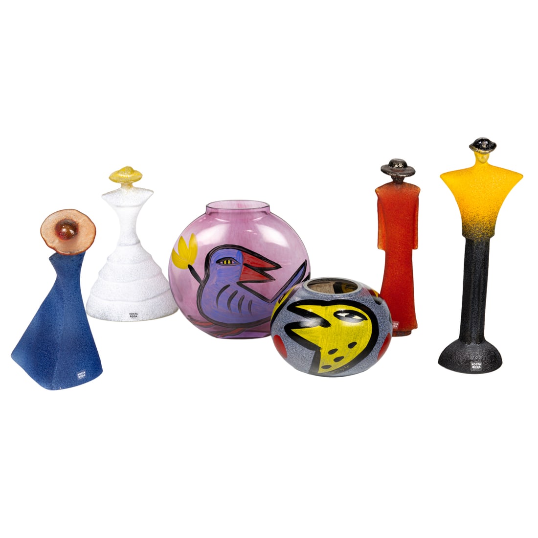 A group of Kosta Boda glass by Ulrica Hydman-Vallien and Kjell Engman: A group of Kjell Engman and Ulrica Hydman-Vallien for Kosta Boda glass, each variously signed and numbered, comprising (2) Ulrica Hydman-Vallien vases enameled with birds, greatest 5.75"h and (4) 'Cat