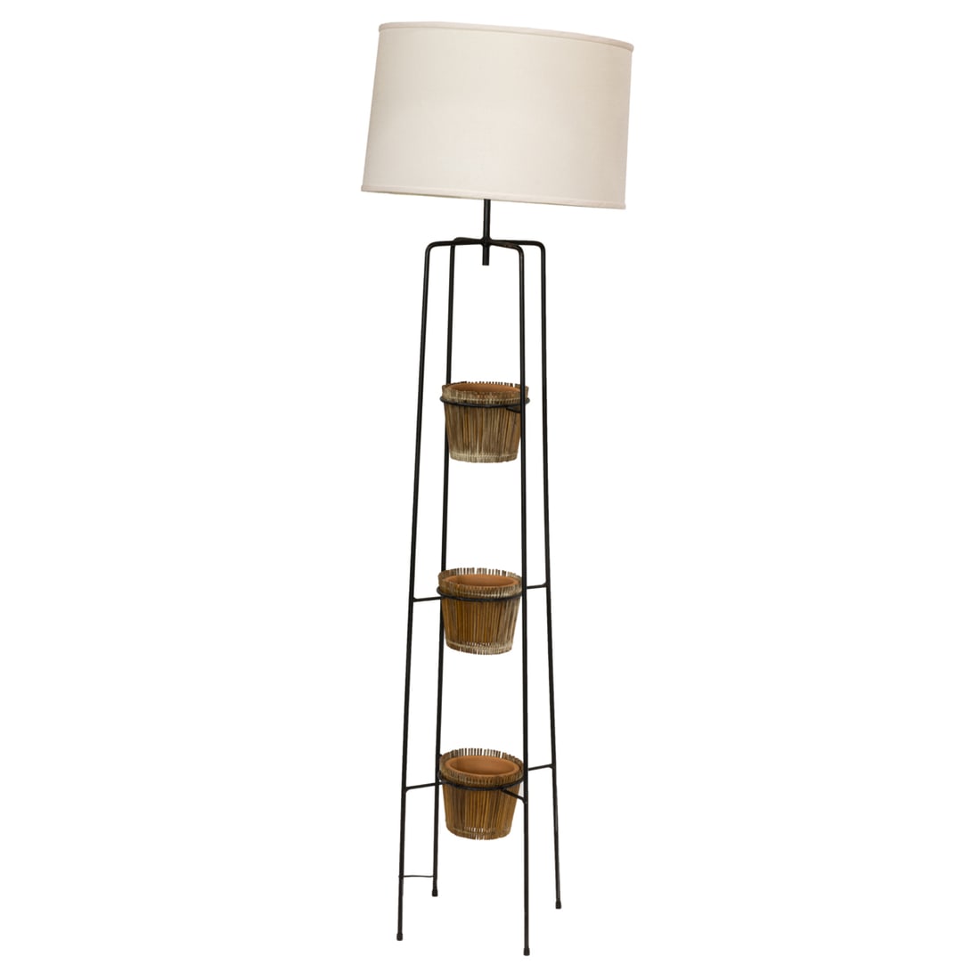A Tony Paul (1918-2010) for Raymor floor lamp with clay flower pots: A Tony Paul (1918-2010) for Raymor floor lamp with clay flower pots, 1950s. fitted with linen drum shade, 61"(top of socket); 66.5" (overall)