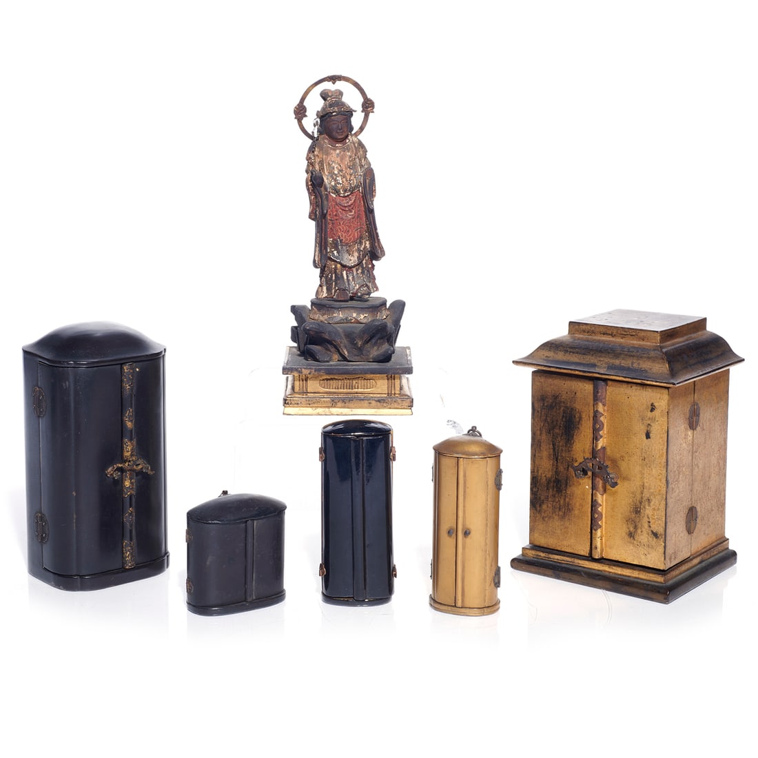 (lot of 6) Japanese lacquered portable Buddhist shrines and figures: (lot of 6) Japanese lacquered portable Buddhist shrines and figures. 2.75" to 8.5" high.