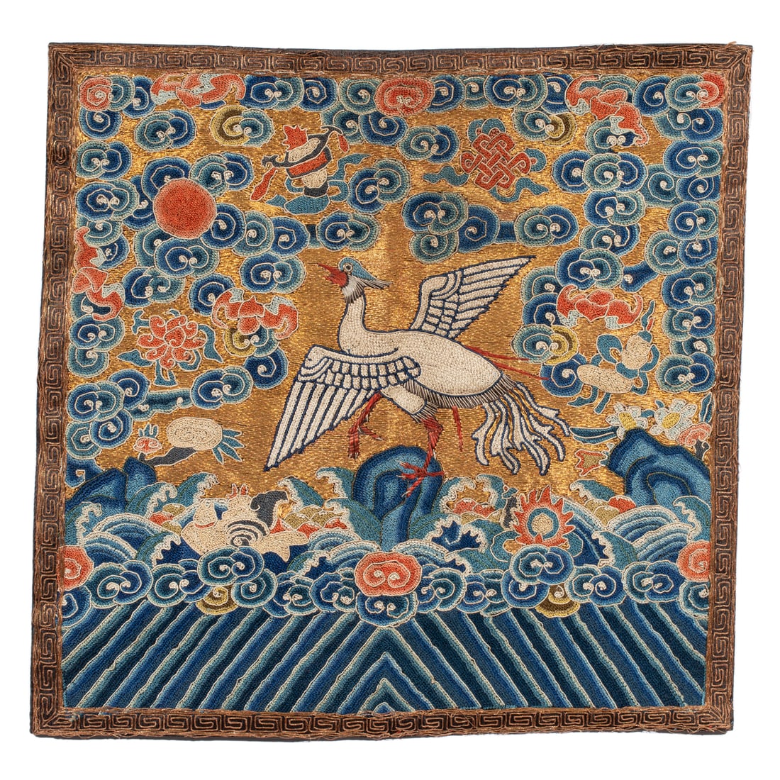 Chinese gilt embroidered official rank badge: Chinese gilt embroidered official rank badge. Featuring a silver pheasant of the fifth civil rank, late Qing dynasty, 11.5"h x 12"w.