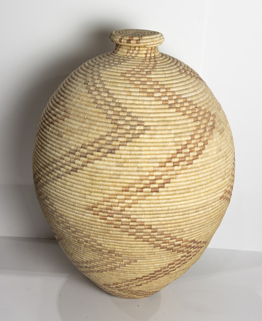 A large modern African Botswana covered basket with zigzag pattern 27' ht (1 of 1)