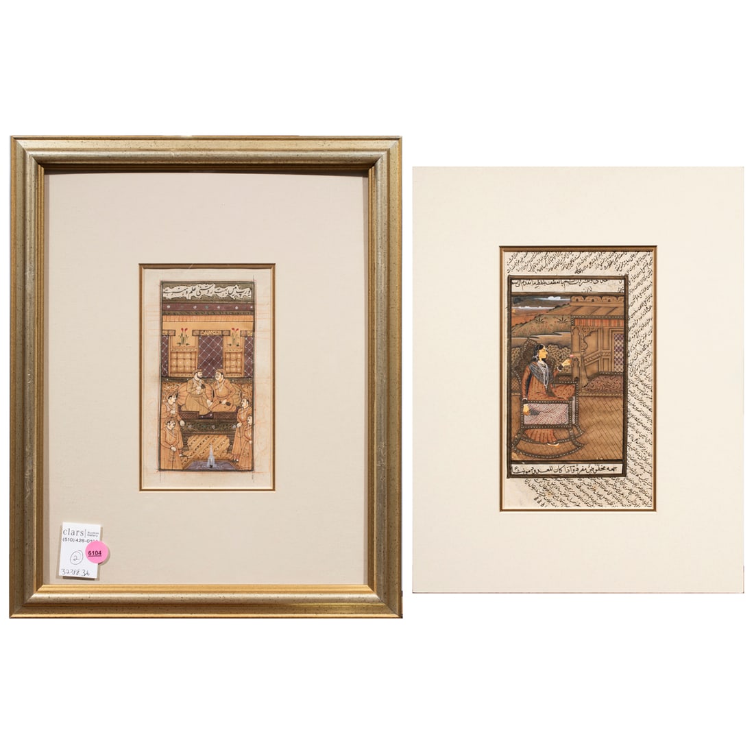 Two Indian miniatures, the larger depicting a princess in a rocking chair, a page from a manuscript (1 of 3)