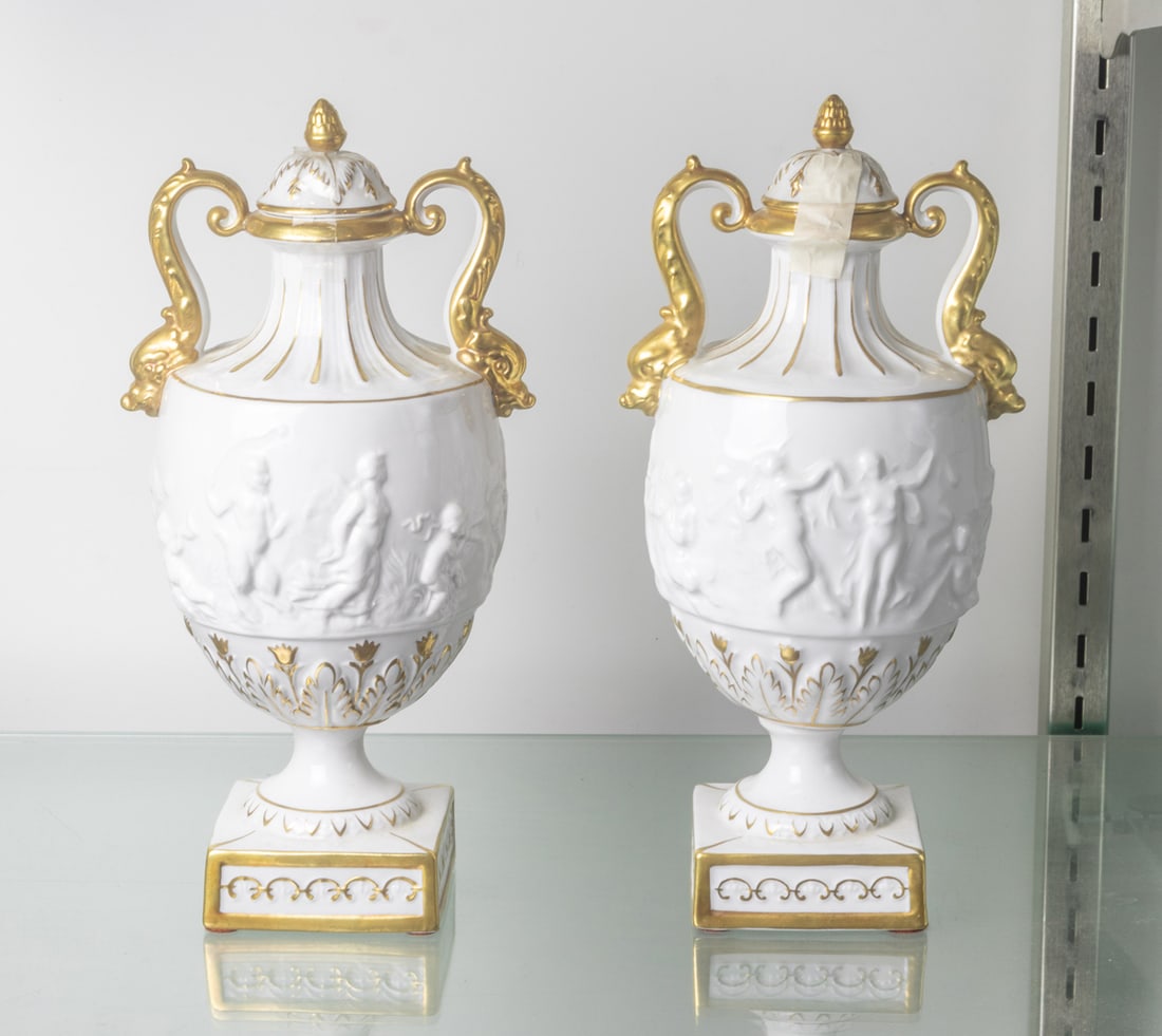 A pair of Capodimonte style gilt decorated covered urns (1 of 1)