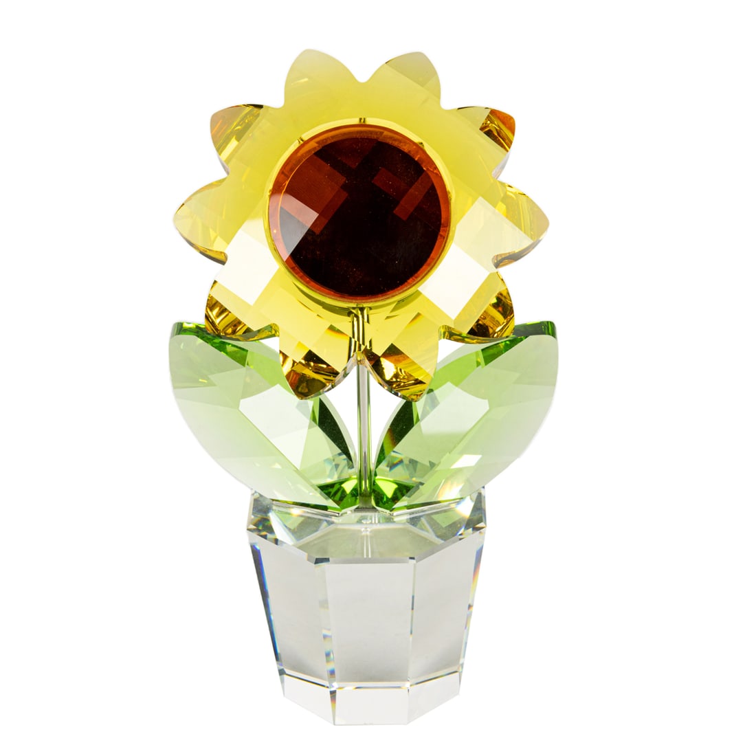 A Swarovski crystal glass sunflower in pot: A Swarovski crystal glass sunflower in pot, acid etched factory mark, sunflower in vase, 7.5"h
