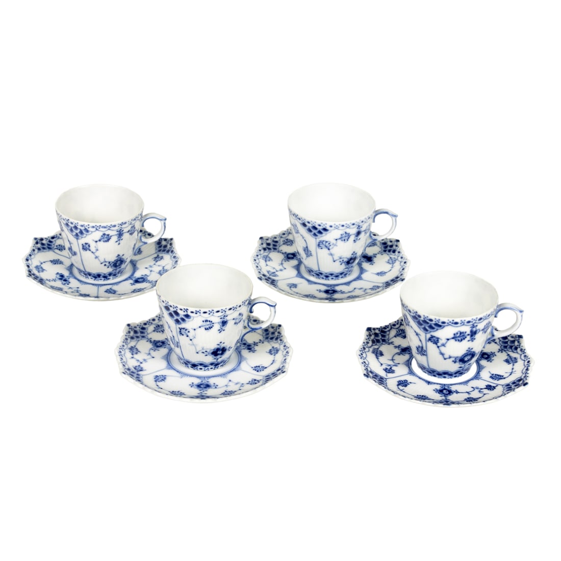 A set of four Royal Copenhagen demitasse cups and saucers in the 'Blue Fluted Lace' pattern: A set of four Royal Copenhagen demitasse cups and saucers in the 'Blue Fluted Lace' pattern, 1/1038, 2"h