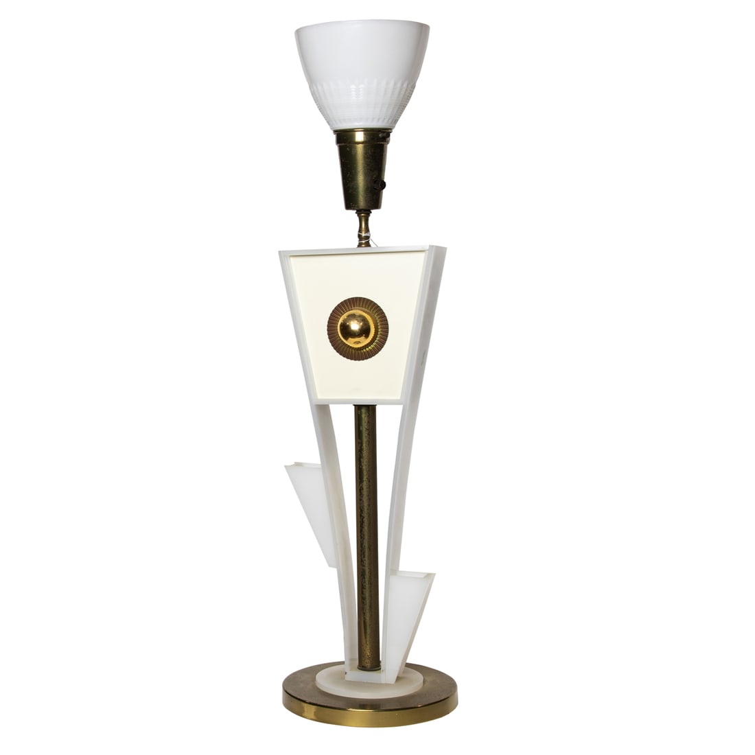 A Mid-Century Modern white opaque acrylic gilt metal table lamp (1 of 1)