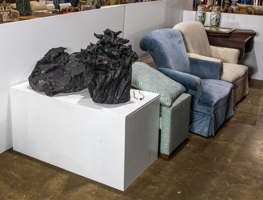 An assembled group of mainly Contemporary furniture and decorative arts, comprising upholstered: An assembled group of mainly Contemporary furniture and decorative arts, comprising upholstered bench with three matching pillows, 20"h x 53.5"l; polychrome decorated low table, 22.5"h x 48"l; (2) Ber