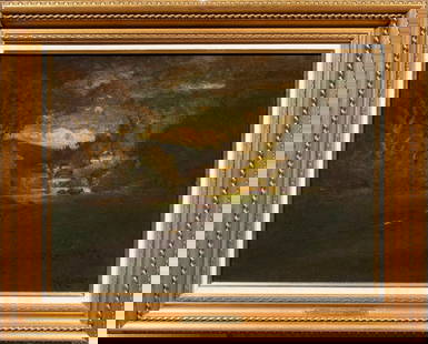 Painting, Manner of William Keith: Manner of William Keith (Scottish/American, 1838-1911), Landscape with Animals, oil on canvas, bears signature lower right, overall (with frame): 25"h x 31"w