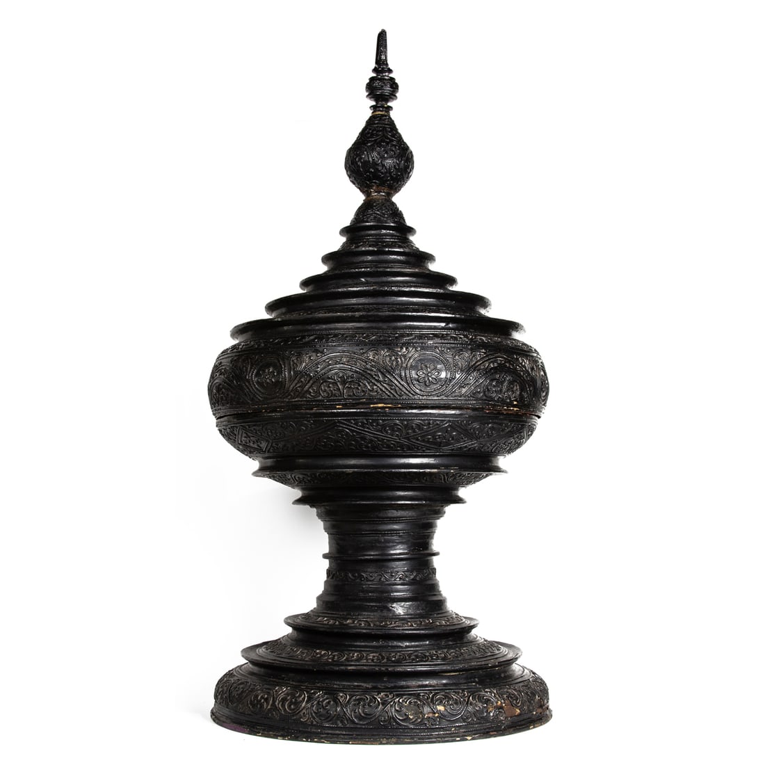 Burmese black lacquered pagoda offering bowl. 1950s, 37" high. (1 of 1)