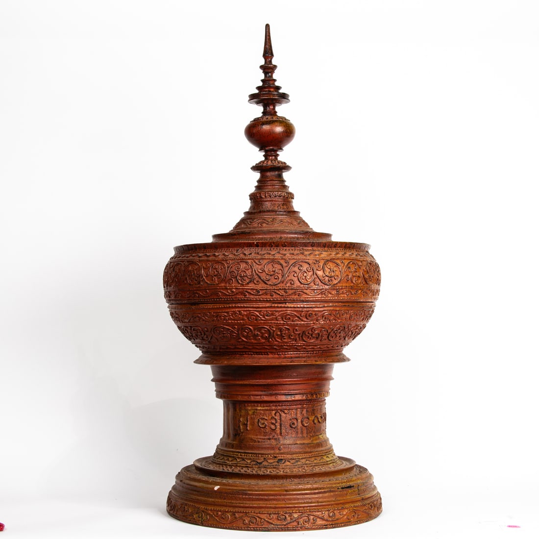 Burmese red lacquered incised pagoda: Burmese red lacquered incised pagoda. 19th century, 28" high.