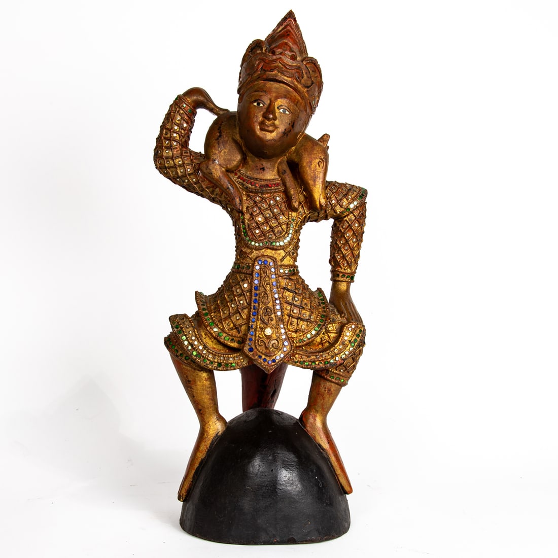 Thai wood guardian with pig teak on shoulders. 21" high.: Thai wood guardian with pig teak on shoulders. 21" high.