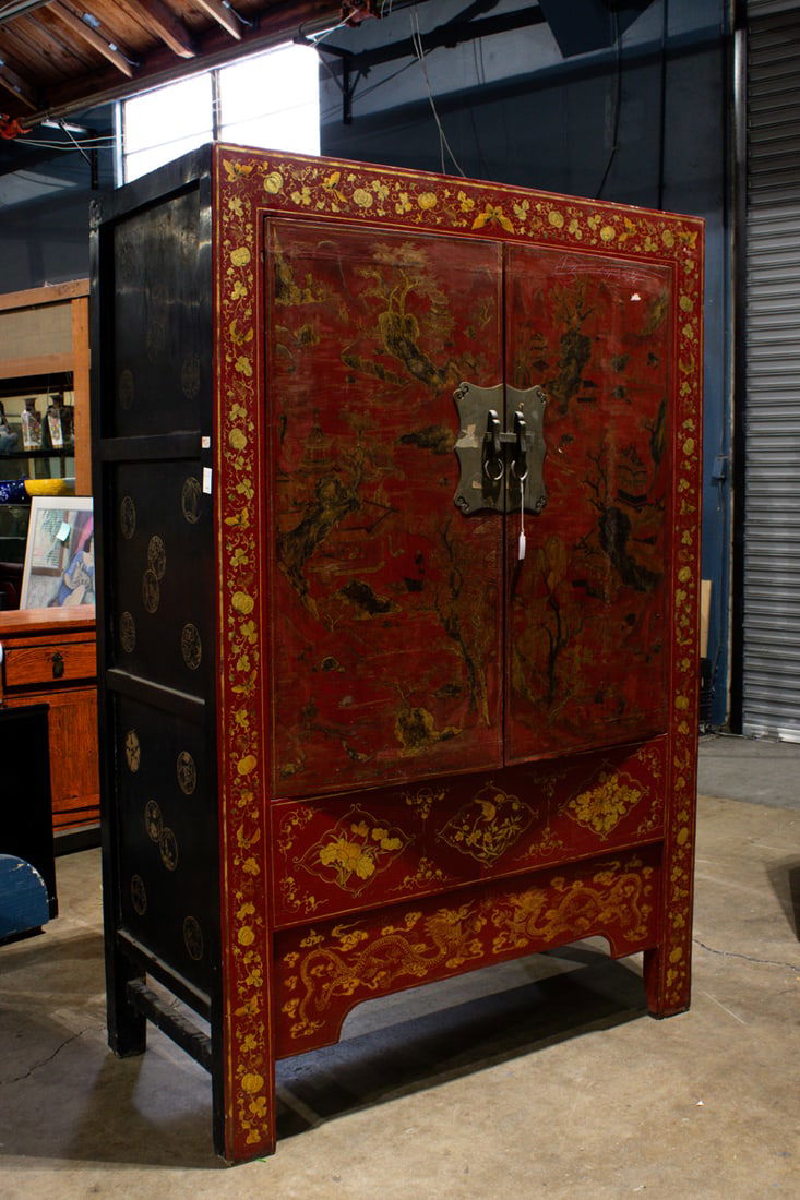 Chinese red lacquered and 'landscape' painted cabinet (1 of 1)