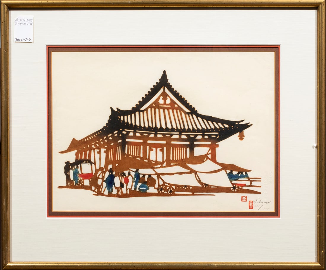 Inagaki Nenjiro (Mikumo) - Market by Temple: Inagaki Nenjiro (Mikumo) - Market by Temple. Woodblock print, 383/700, signed and with two seal, framed and glazed, 11"h x 15"w.