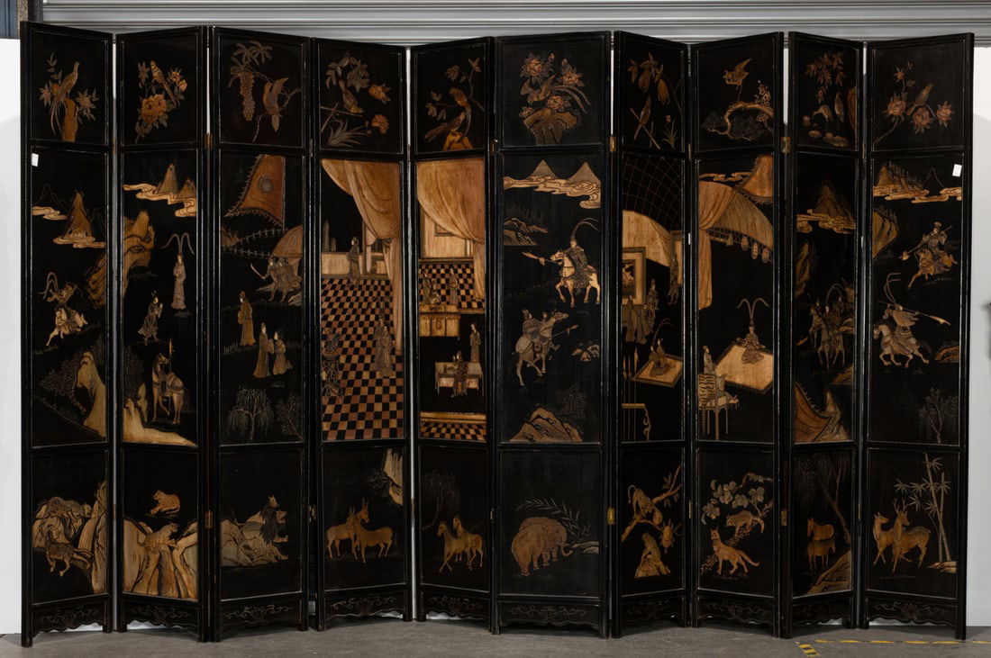 Chinese ten-panel black lacquered coromandel folding screen with figures (1 of 2)