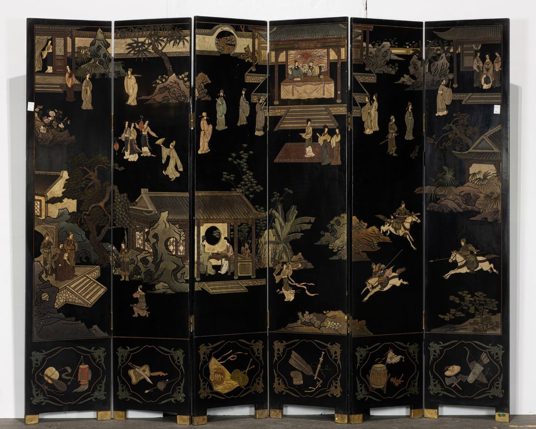 Chinese six-panel black lacquered coromandel folding screen (1 of 2)