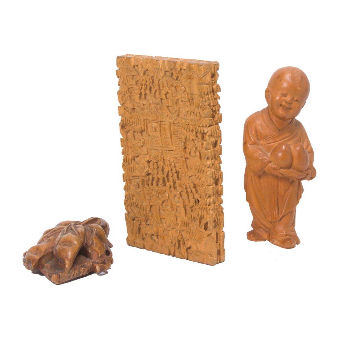 (lot of 3) Chinese boxwood carvings: (lot of 3) Chinese boxwood carvings. Consisting a card case, boy figure, and pea pod, from 2.625" to 3.875" high.