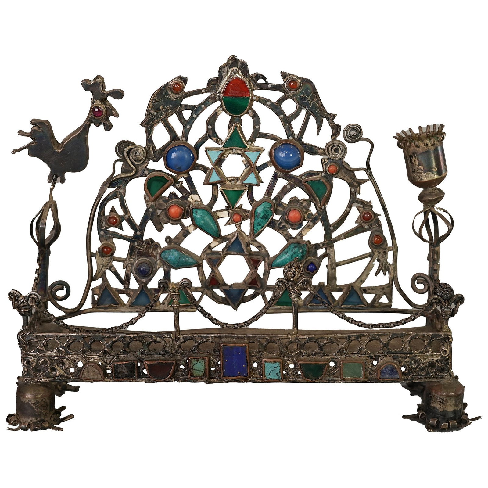 Judaica Silver and Gemstone Menorah, 19th Century: Silver and gemstone menorah, 19th century, Judaica. 6.89"h x 8.66"w x 2.76"l (17.5 x 22 x 7 cm) Provenance: Judaica collection from Abe Wintner, Los Angeles. Abe Wintner is one of America's top 100 co