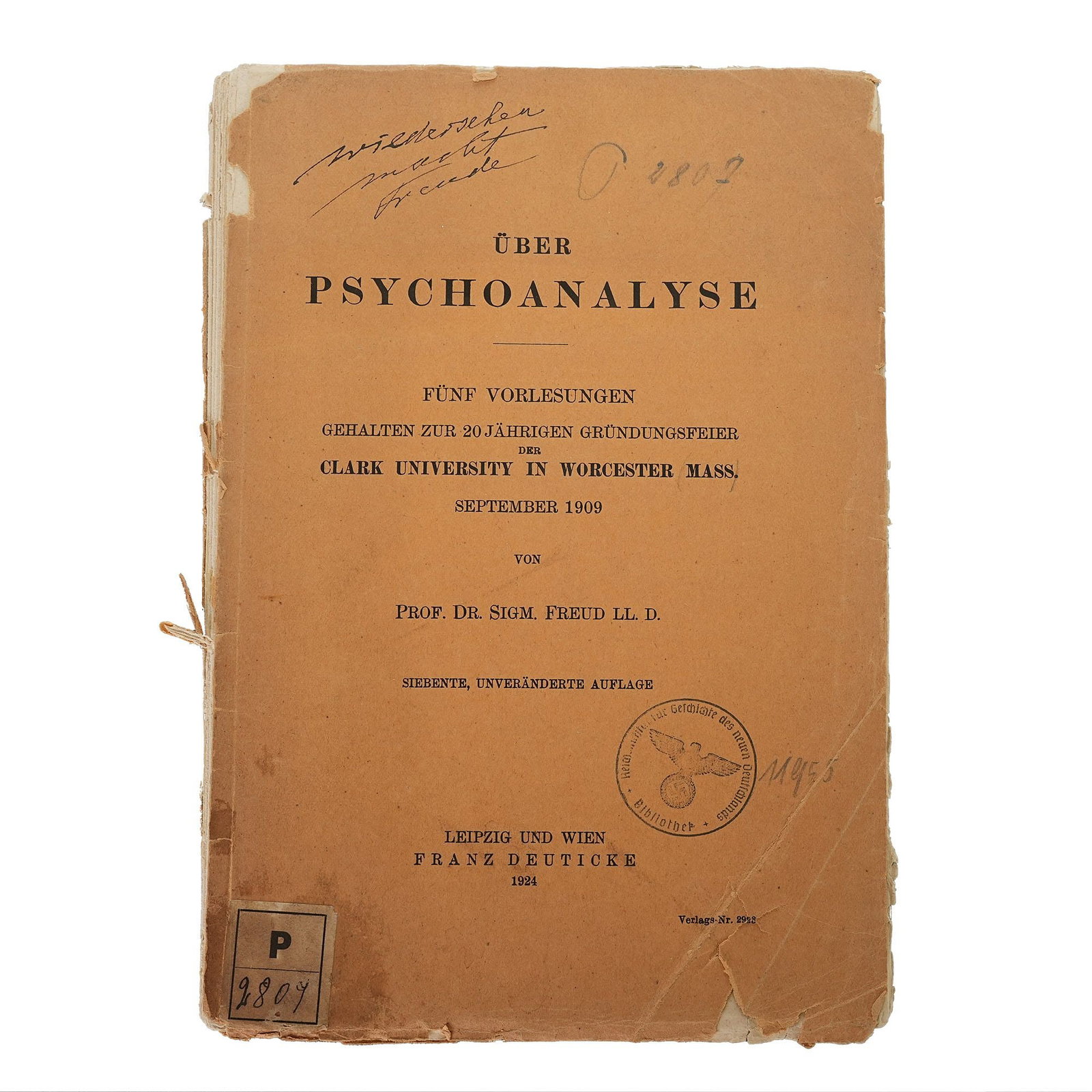 Judaica Uber Psychoanalysis by Freud: Judaica uber psychoanalysis by Freud. Has Nazi stamp confiscated by Nazis. 9.45"h x 6.3"w (24 x 16 cm) Provenance: Judaica collection from Abe Wintner, Los Angeles. Abe Wintner is one of America's top