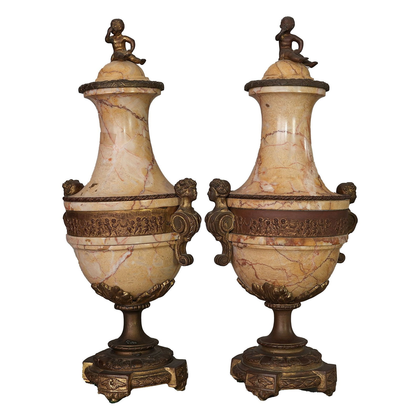 Pair Neoclassical Gilt Bronze and Marble Urns, 19th Century: (lot of 2) Pair Neoclassical gilt bronze and marble urns, 19th century. 16.93"d (43 cm) Provenance: Sotheby's Los Angeles 1970s; Judaica collection from Abe Wintner, Los Angeles. Abe Wintner is one of