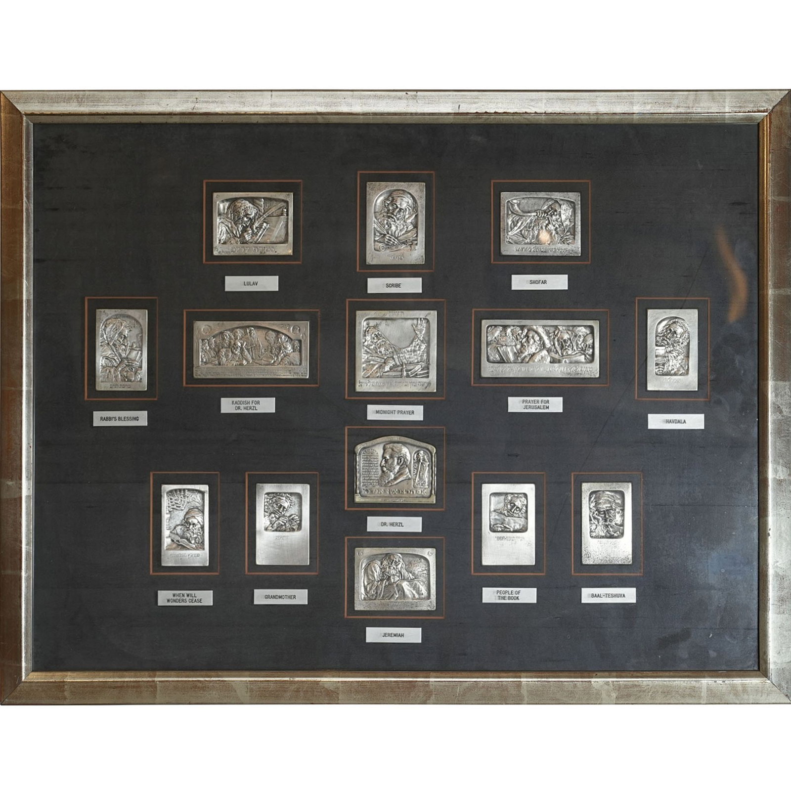 Judaica Set of fourteen Bezalel Silver Plaques, Boris Schatz: Set of fourteen bezalel silver plaques, Boris Schatz, Judaica. Overall (with frame): 20.47"h x 26.77"w (52 x 68 cm) Provenance: Judaica collection from Abe Wintner, Los Angeles. Abe Wintner is one of 