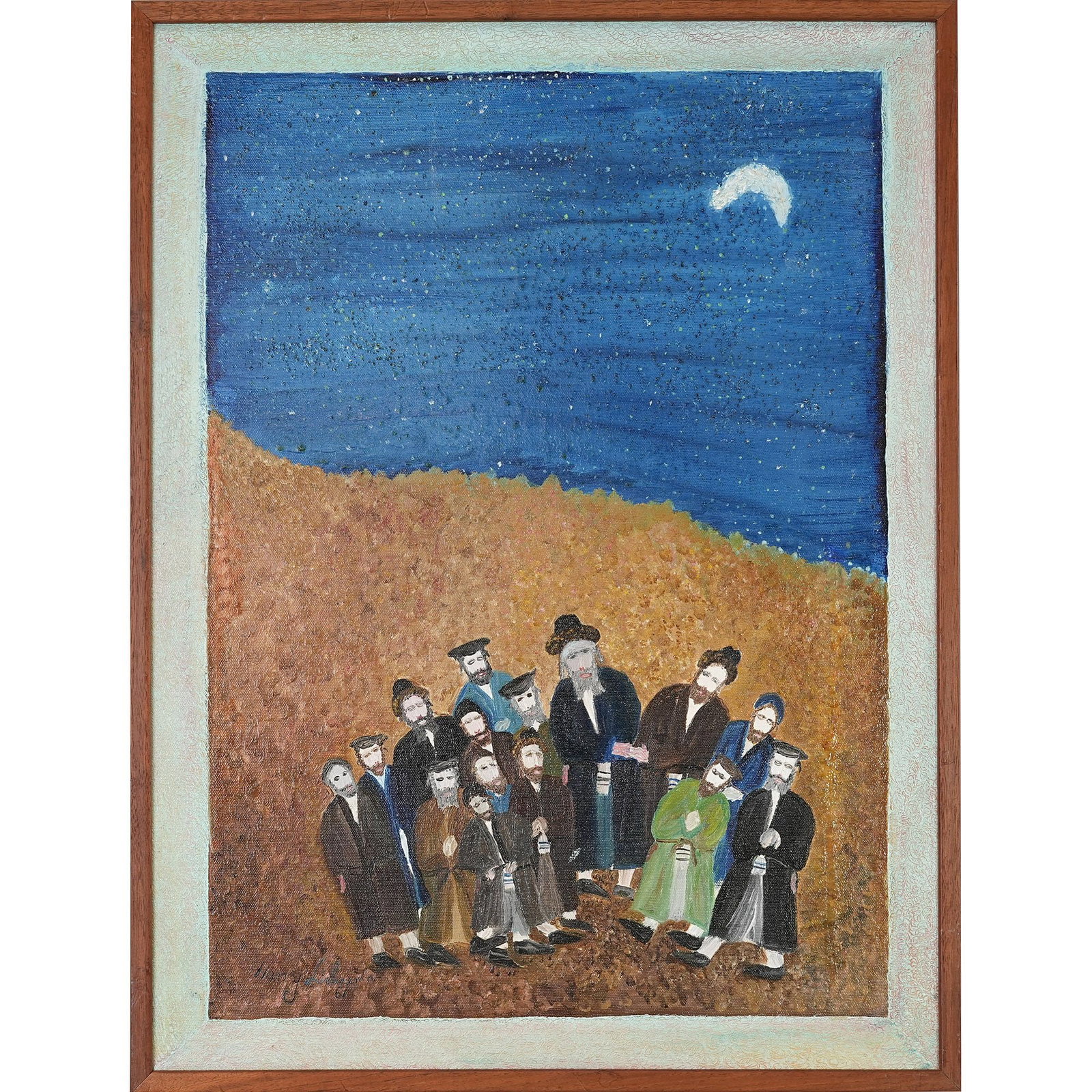 Painting, Harry Lieberman (Polish, 1876-1983), Judaica : Harry Lieberman (Polish, 1876-1983), Blessing the New Moon, oil on canvas, signed lower left. Image: 23.62"h x 17.72"w (60 x 45 cm), overall (with frame): 24.8"h x 18.9"w (63 x 48 cm) Provenance: Juda