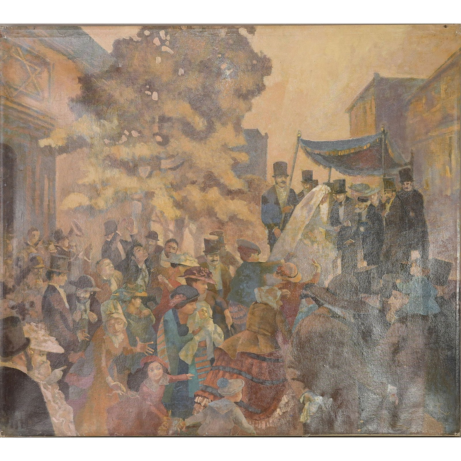 Painting, Olga Oreshnikov (Russian, 1962), Judaica : Olga Oreshnikov (Russian, 1962), Wedding Jewish, oil on canvas, signed lower right, overall: 34.45"h x 38.19"w (87.5 x 97 cm) Provenance: Judaica collection from Abe Wintner, Los Angeles. Abe Wintner