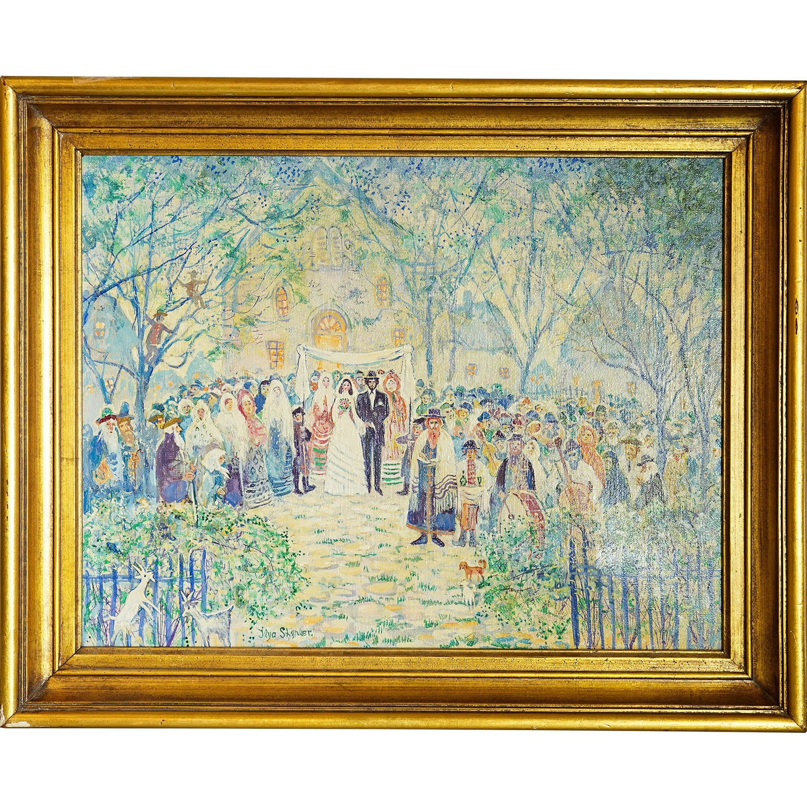 Painting, Ilya Shenker (Ukrainian, 1920 - 2013), Judaica : Ilya Shenker (Ukrainian, 1920 - 2013), Jewish Wedding, oil on canvas, signed lower left, image: 13.78"h x 17.32"w (35 x 44 cm), overall (with frame): 17.72"h x 21.65"w (45 x 55 cm) Provenance: Judaica